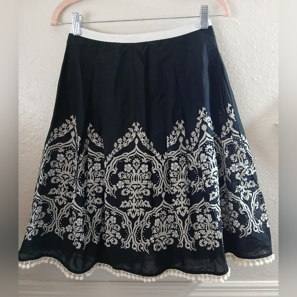 LOFT Black A-Line Skirt with White Embroidery